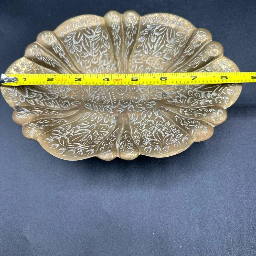 Vintage Etched Brass Footed Dish Bowl Trinket Catchall Decor